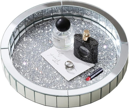 12” Rotating Perfume Organizer Tray,Mirror Glass Vanity Tray for Bedroom Dresser,Makeup Skincare Organizer for Bathroom,Crushed Diamond Home Decor