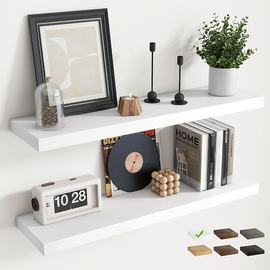 36 Inch Floating Shelves for Wall with Invisible Brackets Set of 2, 8"D Engineered Wood Wall Shelves with Wood Grain for Living Room, Bedroom, Bathroom, Kitchen Decor and Storage, White Finish