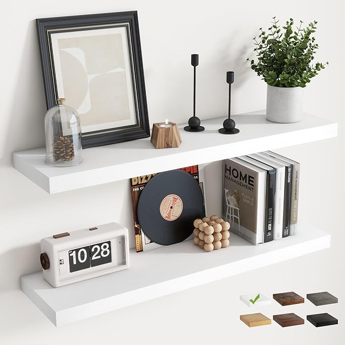 24 Inch Floating Shelves for Wall with Invisible Brackets Set of 2, 8"D Engineered Wood Wall Shelves with Wood Grain for Living Room, Bedroom, Bathroom, Kitchen Decor and Storage, White Finish