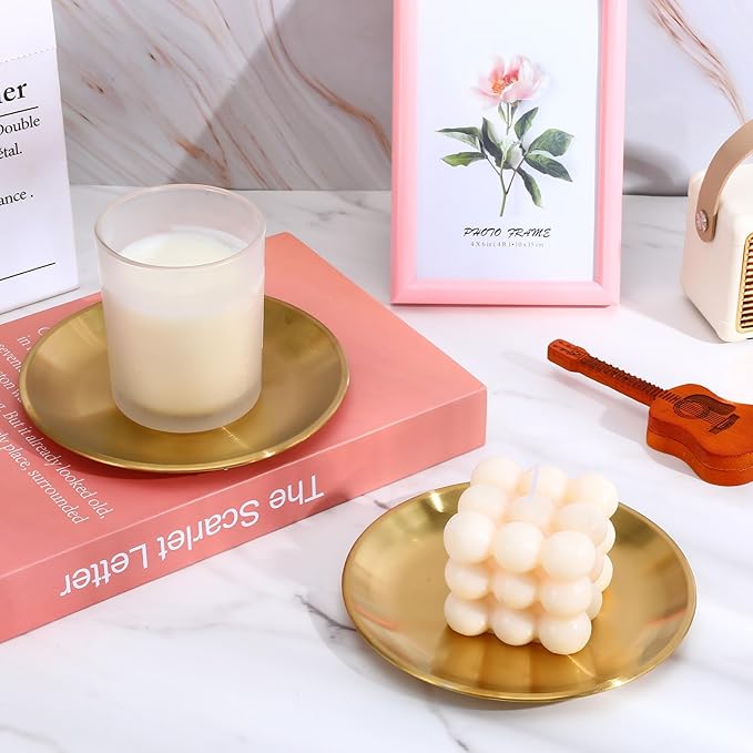 2 Pack Gold Pillar Candle Holders Decor, 5.5 Inch Round Flat Candle Tray for Pillar Scented Ball Candles Decorative Candle Stand for Coffee Table Decor Wedding Party Home Decor