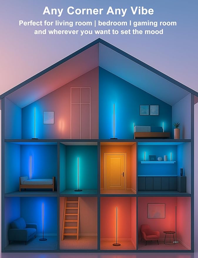 Sotipevs Corner Floor Lamp, Smart RGBICW LED Corner Lamp with App and Remote Control, 16 Million DIY Colors, Music Sync, Modern LED Floor Lamp for Living Rooms, Bedrooms, and Gaming Rooms