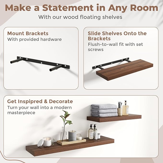 8 Inch Floating Shelves for Wall with Invisible Brackets Set of 3, 8"D Engineered Wood Wall Shelves with Wood Grain for Living Room, Bedroom, Bathroom, Kitchen Decor and Storage, Walnut Finish