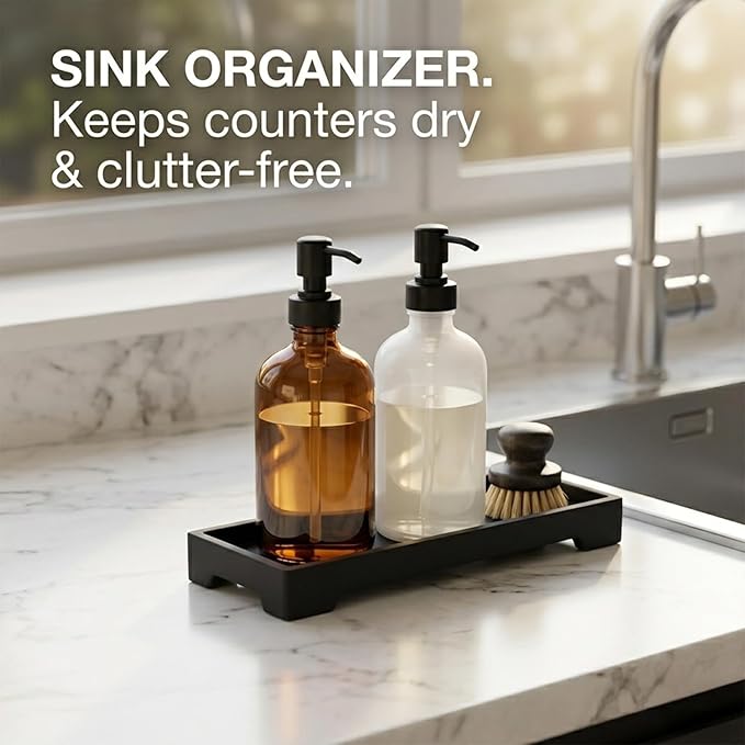 Countertop Vanity Tray - Silicone Bathroom Sink Organizer & Kitchen Soap Tray, Footed Anti-Slip Design, Waterproof Caddy for Perfume, Jewelry, Makeup, Bottle, Oil, Sponge Holder, Black (L10 x W 4.2")