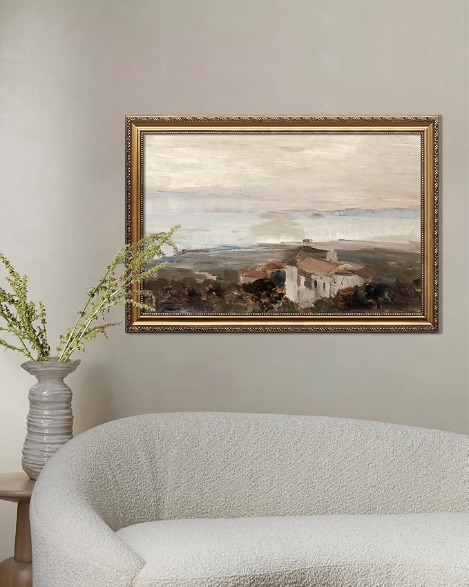 KBKBART Vintage Framed Wall Art for Living Room, Retro Muted European Coastal Prints Painting, Neutral Warm Tone Landscape Art Wall Decor, Gold Framed Oil Painting Canvas Artwork for Farmhouse Wall Decor, 16"x24"
