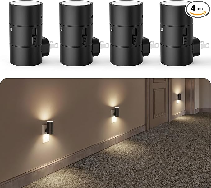 VOLISUN Night Light, Dimmable Led Night Lights Plug into Wall, Amber/3000K/4500K, 0-100LM Adjustable Brightness, Dusk to Dawn Nightlight for Hallway, Bathroom, Bedroom Black 4 Pack