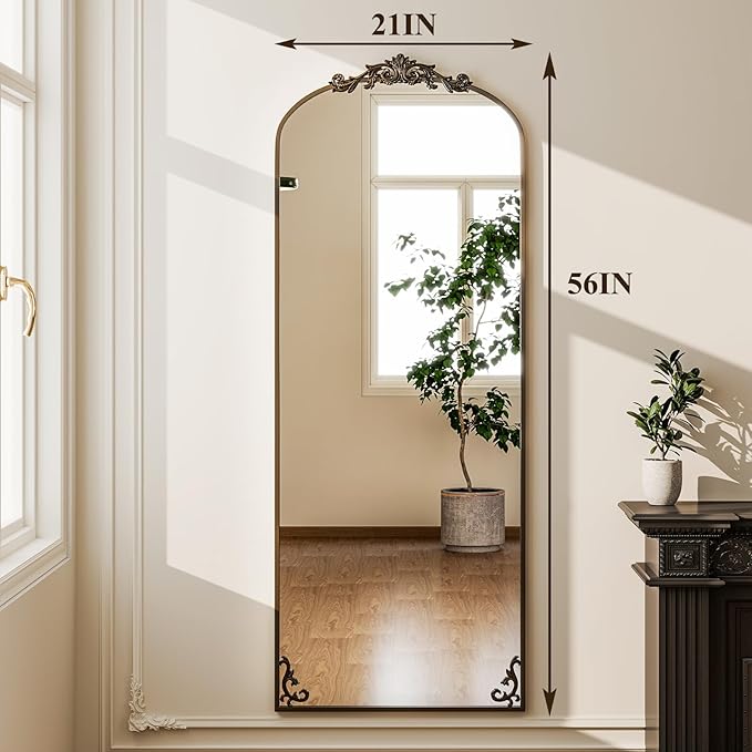 GLSLAND 56"x21" Vintage Full Length Mirror - Carved Arched Floor Mirror Baroque Full Body Mirrors for Bedroom Living Room Entryway,BRE