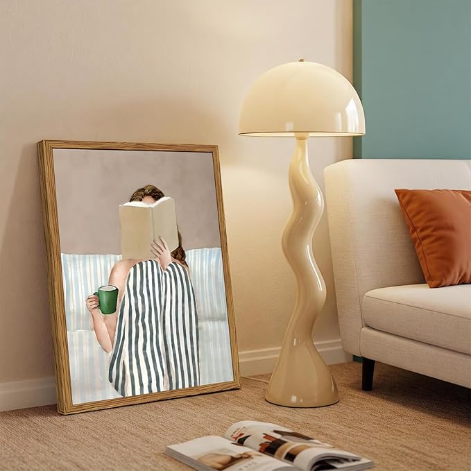 Framed Trendy Preppy Canvas Wall Art, Woman Reading Book with Coffee Pictures Wall Decor Paintings, Blue and White Striped Prints Girly Home Decor for Living Room Bedroom Dorm 16x24 inch
