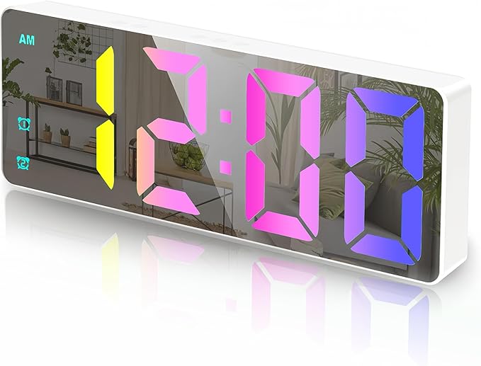 Small Digital Alarm Clock, Mirror Surface LED Electronic Clocks with Large Display, Adjustable Brightness and Snooze Model for Bedroom, Desk, Office, White Case