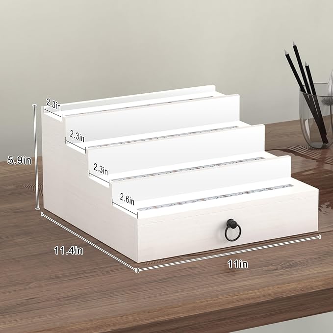 LED Lighted Cologne Organizer for Men, 4 Tier Wood Perfume Organizer with Velvet Lined Drawer, Multi Lighting Modes Perfume Display Holder with Remote Control, Cologne Shelf Stand, Nice Gift for Men