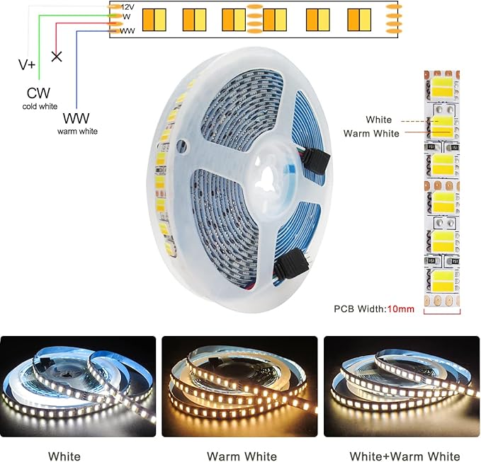 12V 2 in 1 LED Strip Lights, 16.4ft CCT Cold White + Warm White, Color Temperature Adjustable (2800K to 6500K) Light Strips IP20 Total 600 LEDs for Bedroom, Kitchen, Advertising Decoration
