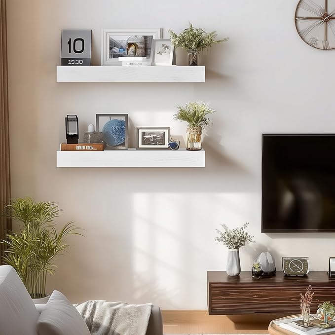17x6.8x2 Inch Rustic Floating Shelves for Wall Set of 2 - White Solid Wood Wall Mounted Shelves with Invisible Bracket, Compact Design for Farmhouse Living Room Bedroom Kitchen Decor
