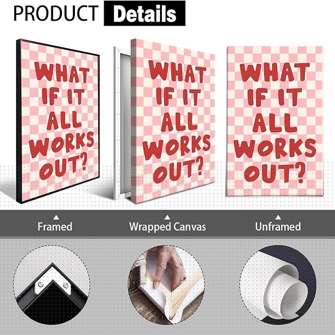 What If It All Works Out Wall Art Daily Positive Affirming Quote Posters Minimalist Pink And White Checkered Room Aesthetic Paintings For Home Bedroom Dorm Wall Decor 24x36in Wrapped Canvas