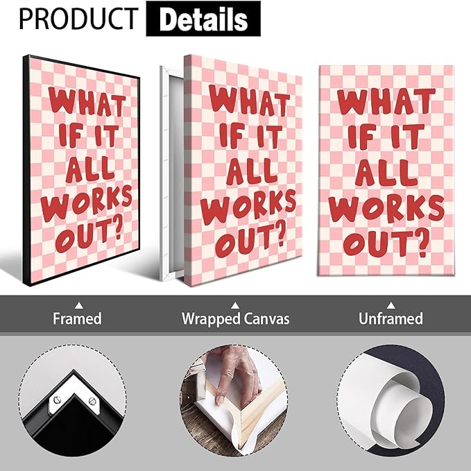 What If It All Works Out Wall Art Daily Positive Affirming Quote Posters Minimalist Pink And White Checkered Room Aesthetic Paintings For Home Bedroom Dorm Wall Decor 24x36in Unframed