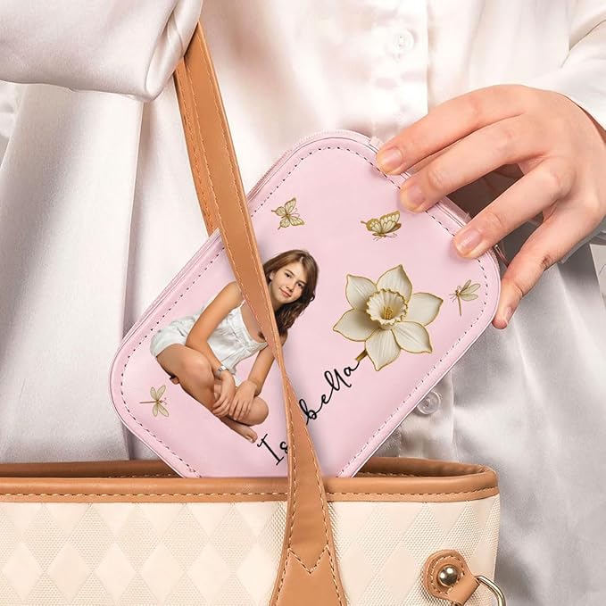 Wrappiness Women & Girls Floral Makeup Box With LED Mirror - Custom Photo Jewelry Organizer Gift for Daughters Sisters on Birthday Christmas Personalized Birthmonth Flower