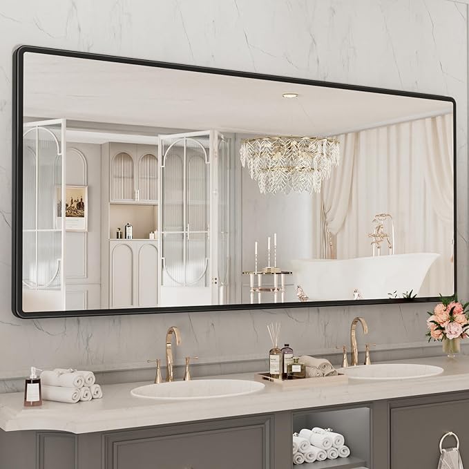 pertetey New Upgrade Bathroom Mirror, 77X36 Inch Black Metal Frame Wall Mounted Rounded Rectangle Bathroom Vanity Mirror with Tempered Glass for Washroom Bedroom Living Room