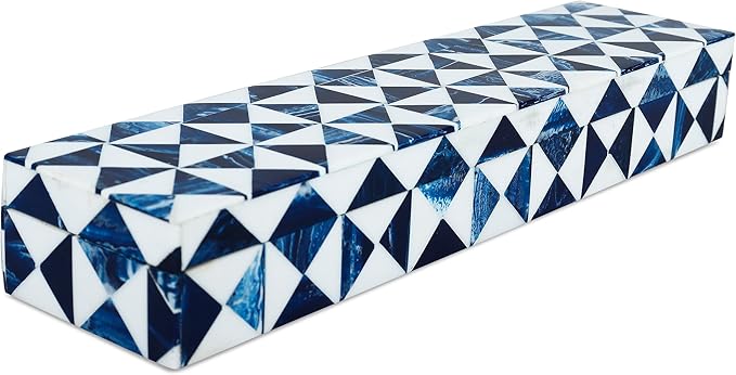 Handicrafts Home Blue and White Decorative Storage Box with Lid – Slim Remote Control Holder Box, Handmade Resin Inlay Wooden Box, Coffee Table Organizer, Small Keepsake Storage Box - 10x2.5x1.5 Inch