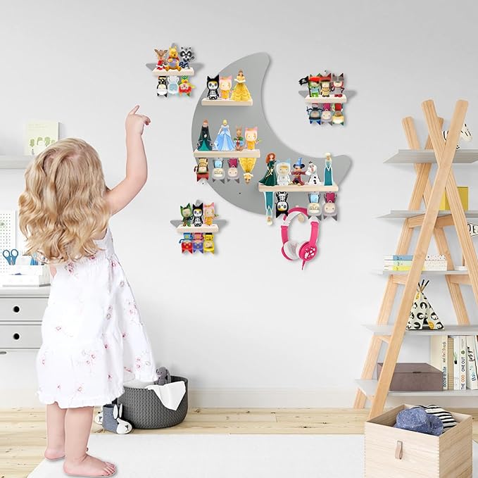 for Toniebox Starter Tonie Shelf Wall Mounted Set,Tonies Figures Tonies Storage,Magnetic Wooden Floating Shelves Compatible with Tonie box Player Character for Children Room (grey-without box shelf)