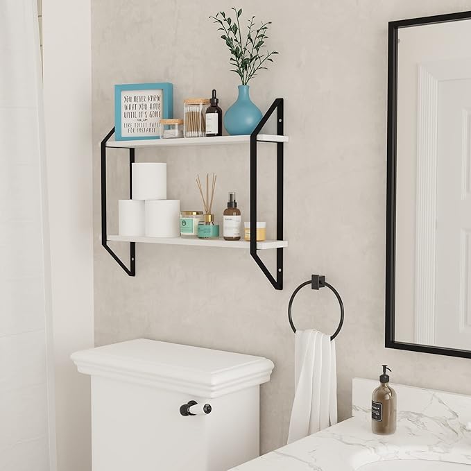 Wallniture Ponza Floating Shelves for Living Room Decor, 24" Bookshelf Wall Decor, 2 Tier Bathroom Organizer & Kitchen Organization, White Wall Shelves Bedroom Decor