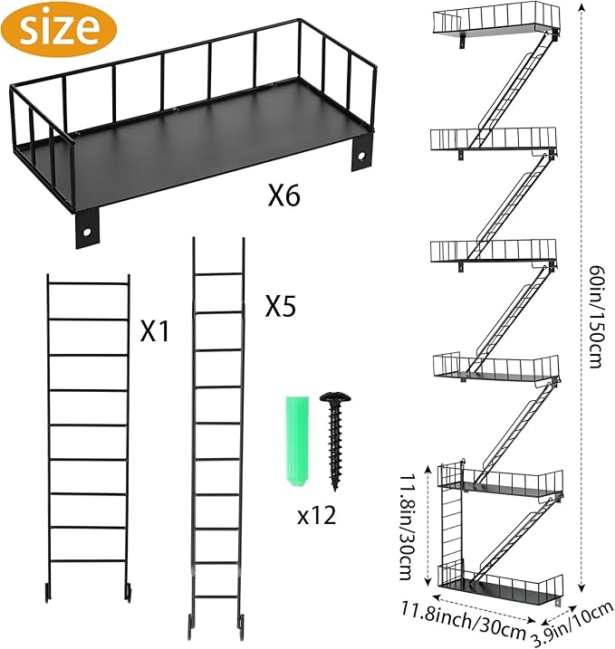 Zonon Fire Escape Wall Shelf Hanging Metal Ladder Shelves Wall Decor Cool Bookshelf Organizer Floating Shelves Action Figure Shelf for Home Bedroom Storage Display(Black,6 Tier)
