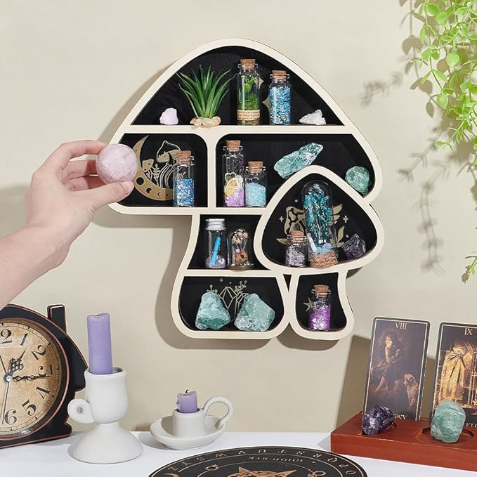 peacoblue Mushroom Shaped Crystal Display Shelf 11.1" L× 11.8" W× 1.2" H Wooden Wall Mounted Decor with Multiple Compartments for Crystals Gemstones & Trinkets for Bohemian, Witchy & Modern Interiors