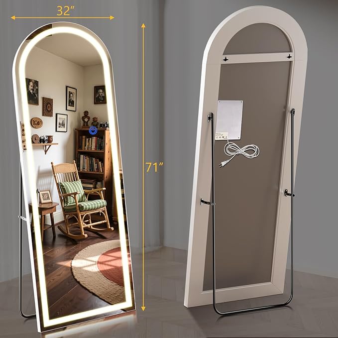 Arch Full Length Standing Mirror with LED Lights, 71"x32" Lighted Mirror with Dimming & 3 Color Lighting, Tall Mirror Full Body for Bedroom, Dressing Room