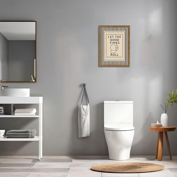 Framed Funny Bathroom Wall Art, Let The Good Times Roll Canvas Wall Decor Painting, Humorous Toilet Quote Artwork Poster Print Picture for Modern Farmhouse Bathroom Decor 12x16 Inch
