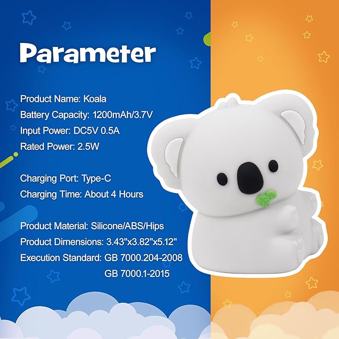 Koala Night Light Squishy Silicone Nursery Breastfeeding Nightlight with Timer 3-Level Warm White & RGB Color Modes Cute Koala Lamp Rechargeable Touch Bedside Desk Animal Lamp for Bedroom Dorm Decor