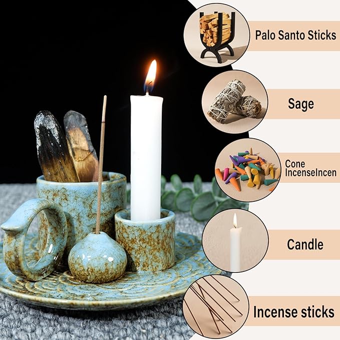 MOUGIGI 5-in-1 Ceramic Palo Santo Burner Holder Blue -Small Candle Holder & Smudge Burning Tray Bowl,Fits Incense Sticks/Cones, Sage.Zen Altar for Meditation Room, Aromatic Scents, Matches Compatible