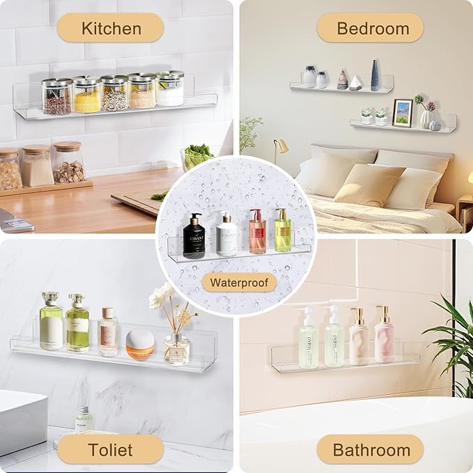 AMEITECH Acrylic Floating Shelves for Wall 6 Pack, 15" Acrylic Shelves for Room Decor, Book Shelf for Kids, Clear Hanging Display Shelf Organizer for Kitchen, Bedroom, Bathroon Organizers and Storage