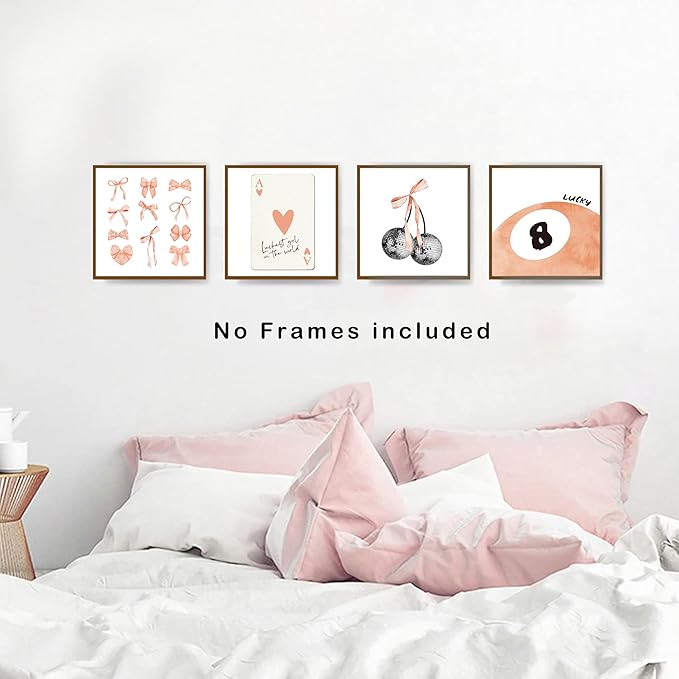 okaxscm Fall Orange Coquette Trendy Preppy Wall Art Prints Set of 4, Coquette Room Decor, Preppy Room Decor Aesthetic, Orange Bow Disco 8 Ball Cherry Wall Decor Posters for Girls Bedroom Dorm,10x10 Unframed