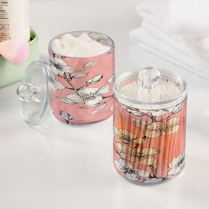 Nander 4Pack Beautiful Cherry Blossoms Qtip Holder Dispenser -Clear Plastic Apothecary Jars Set - Restroom Bathroom Makeup Organizers Containers for Cotton Swab, Ball, Pads, Floss