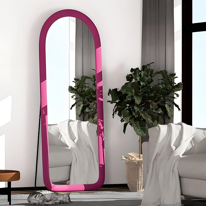 Full Length Mirror 56"x20" Arch Floor Mirror with Stand Arched Full Body Mirror Standing Hanging or Leaning Against Wall for Bedroom Flannel Wrapped Wooden Frame Pink