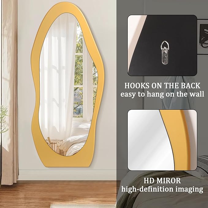 Full Length Mirror Gold Wooden Full Body Mirrors 59"x24" Irregular Wavy Mirror Full Length Floor Mirror for Cloakroom Bedroom Living Room
