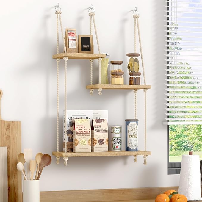 3 Tier Hanging Wall Shelves, Boho Rope Hanging Plant Stand with LED Vine Lights, Rustic Wood Floating Shelves Organizer for Bedroom Kitchen Living Room Wall Decor (Three-Tier Rope Rack)