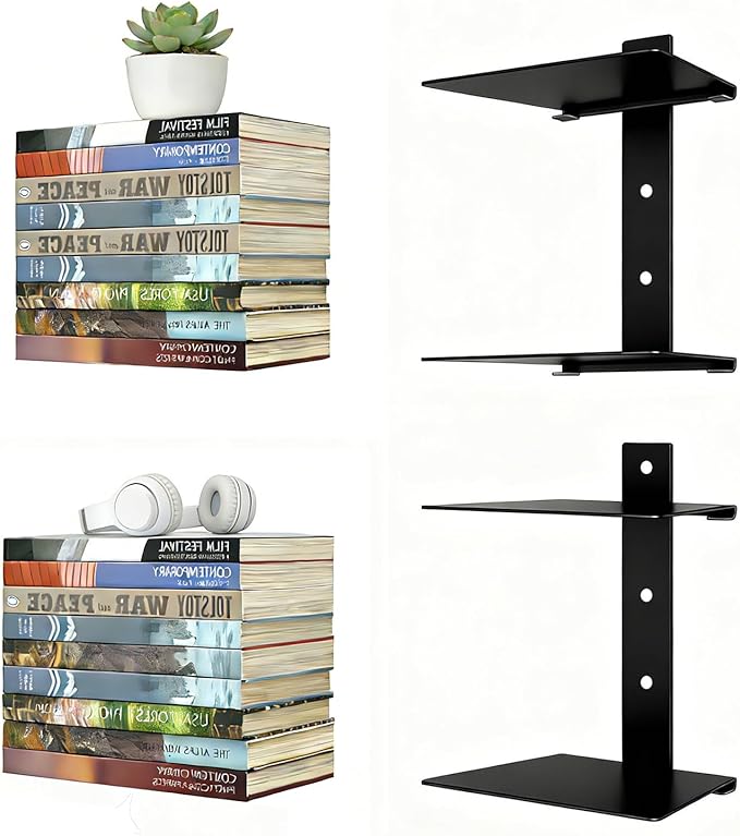 Invisible Floating Bookshelves 4 Tier, Heavy Duty Metal Book Organizer for Wall, 2 Pack (Black)