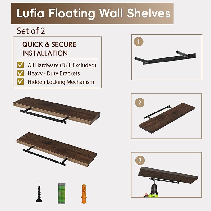 Lufia Floating Wall Shelves, Set of 2, MDF with Invisible Brackets, Modern Storage for Bedroom, Bathroom, Living Room, Kitchen (Rustic Brown, 28" W x 7" D x 1.5" H)