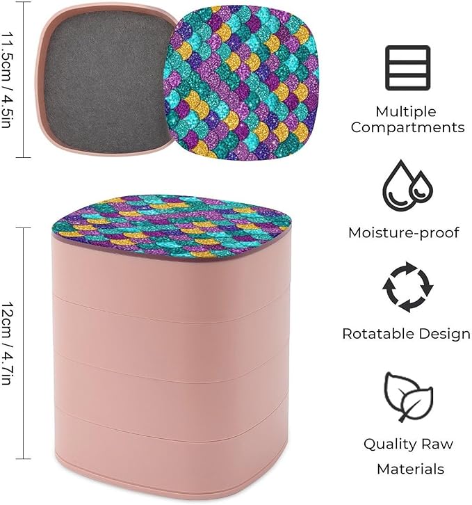 4-Layer Rotating Jewelry Storage Tray with Mirror Colorful Mermaid Fish Scales Jewelry Organizer Earring Holder for Bracelets Rings