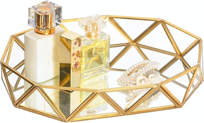 Feyarl Gold Glass Perfume Tray Mirror Vanity Jewelry Trinket Organizer Ornate Cosmetic Makeup Display Decorative Tray for Bathroom Home Decor Dresser Tabletop Countertop （11 x 8.26 x 1.96inch）