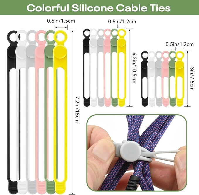 Silicone Cable Organizer Ties, Reusable Elastic Cord Ties for Charging Cables, Electrical Cords Computer Wire Organization(24Pcs, 4Colors)