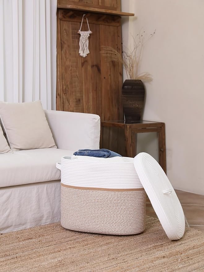 22"x14"x18" Rectangular Extra Large Storage Basket With Lid, Large Cotton Rope Storage Basket, Woven Laundry Hamper, Cloth Storage Bin, for Clothes Towels Blankets in Living Room, White/Camel Mix