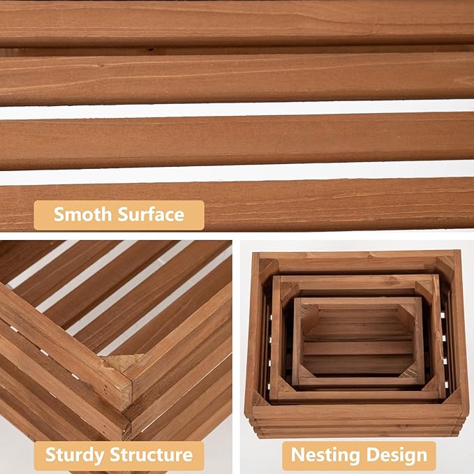 Set of 3 Nesting Wooden Storage Crates - Large Rustic Wooden Storage Crates for Display Brown Wood Container Boxes Wood Baskets for Farmhouse Flower Stand Display Rack for Shops Exhibitions Home Decor