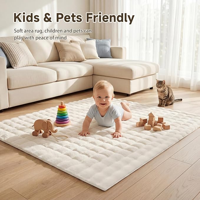 Pauwer Area Rugs for Living Room, 3x5 Fluffy Faux Fur Rug Non Slip Machine Washable Soft Shaggy Indoor Floor Carpet for Bedroom Dorms Playroom, Cream