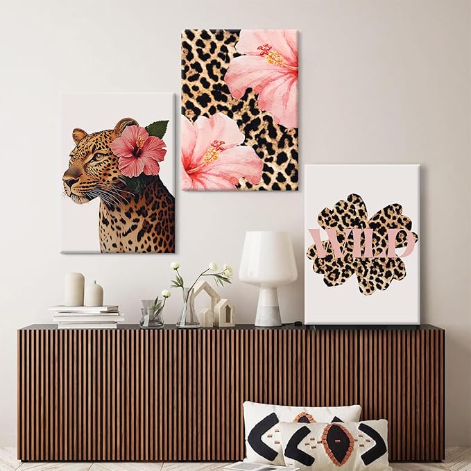 Trendy Leopard Wall Art Pink Cheetah Print Room Decor Leopard Flower Canvas Wall Decor Cheetah Aesthetic Poster Girly Pink Preppy Picture Funky Y2k Artwork for Girl Bedroom 16x24x3 Inch Wrapped Canvas