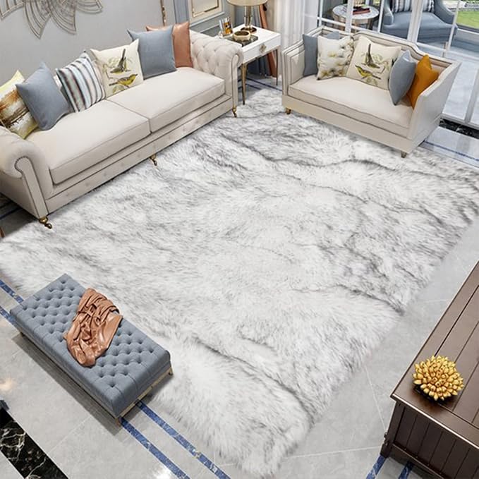 Latepis White and Grey Tips Faux Fur 8'10"x11'10" Area Rug, Soft Plush Faux Fur Sheepskin Rugs for Living Room, Washable Fluffy Rug for Living Room, Luxury Room Decor, Rectangle
