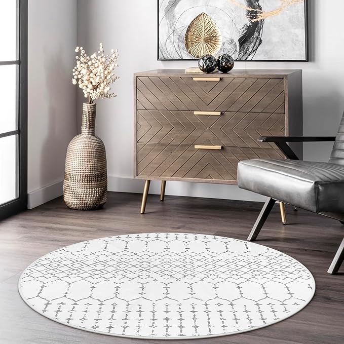 Lahome Moroccan Round Area Rug - 3Ft Round Rug Non-Slip Washable Soft Round Bathroom White Throw Small Circle Rug for Bedroom, Modern Geometric Print Low-Pile Round Rugs for Entryway Kitchen Sofa Hana