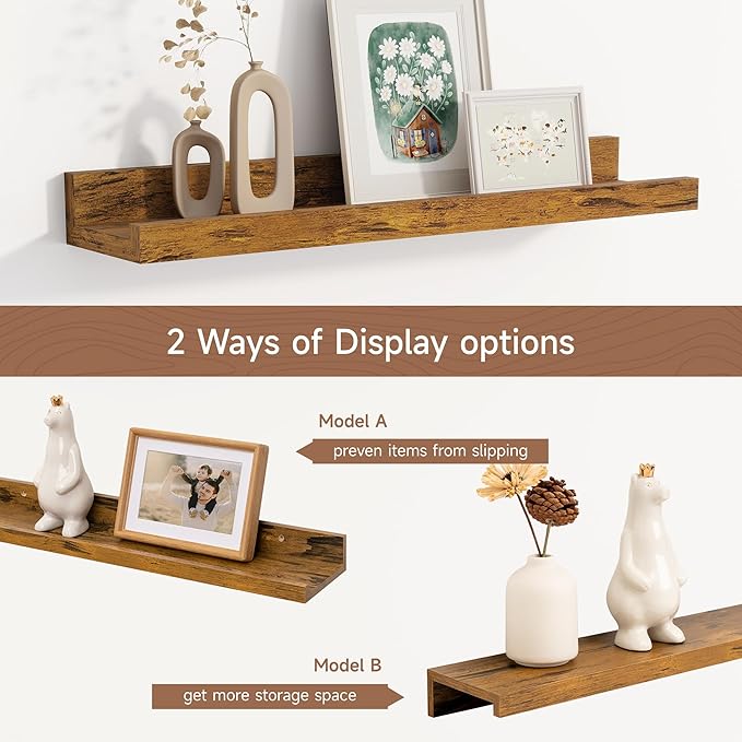Floating Picture Ledge Shelves Set of 2, 16 Inch Solid Wood Wall Shelves with Lip, Large Nursery Book Shelf for Toys Storage, Kids Bookshelf, Living Room, Bedroom Decor Frames, Rustic Brown