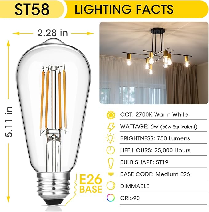 Gozelux 12-Pack Vintage LED Edison Light Bulb 60W Equivalent, Decorative Antique Filament Light Bulbs with 90+ CRI, Warm White 2700K, 750 Lumens, E26 Base, Dimmable
