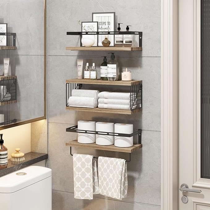 Fixwal Bathroom Shelves Over Toilet, Floating Shelves Wall Mounted with Metal Frame and Towel Bar for Bathroom, Kitchen, Bedroom, Living Room (3 Plus 1 Rustic Brown)