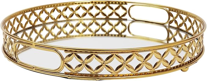 12.6 Inch Round Gold Mirrored Vanity Tray,Metal Mirror Decorative Jewelry Storage Tray,Perfume Makeup Organizer Trays for Dresser Bathroom Counter Home Decor (Round)