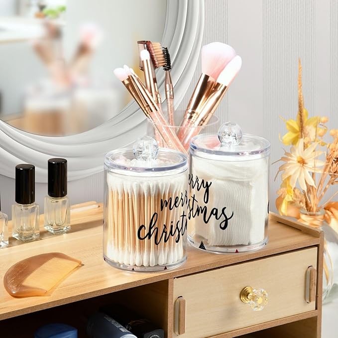 2 Pack Apothecary Jars Merry Christmas Black Checkered Bathroom Vanity Storage Organizer Set,Small Clear Plastic Storage Jars Bathroom Canister for Cotton Swabs, Rounds, Balls, Qtips,Makeup Spo